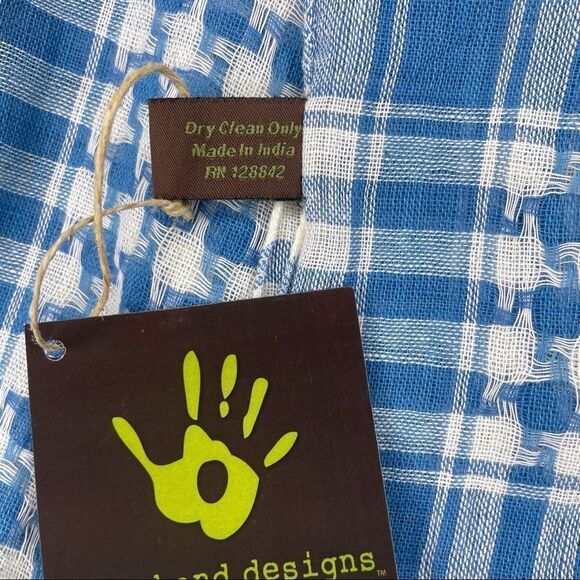 NWT Open Hand Designs Blue & White Check Handloomed Scarf Wrap Fringe Fair Trade - Picture 11 of 11
